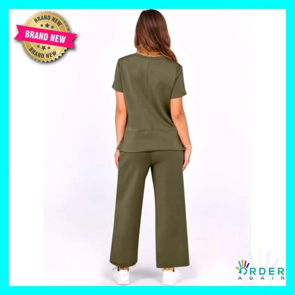 Two Piece Lounge Set Loose Fit Wide Leg Tracksuit Summer Travel Casual Outfit